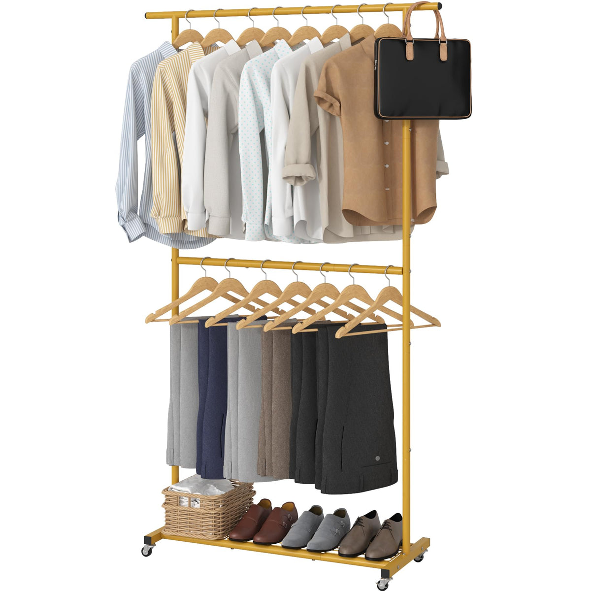 Sywhitta double-rod garment rack with rolling wheels for easy mobility and organized closet space.