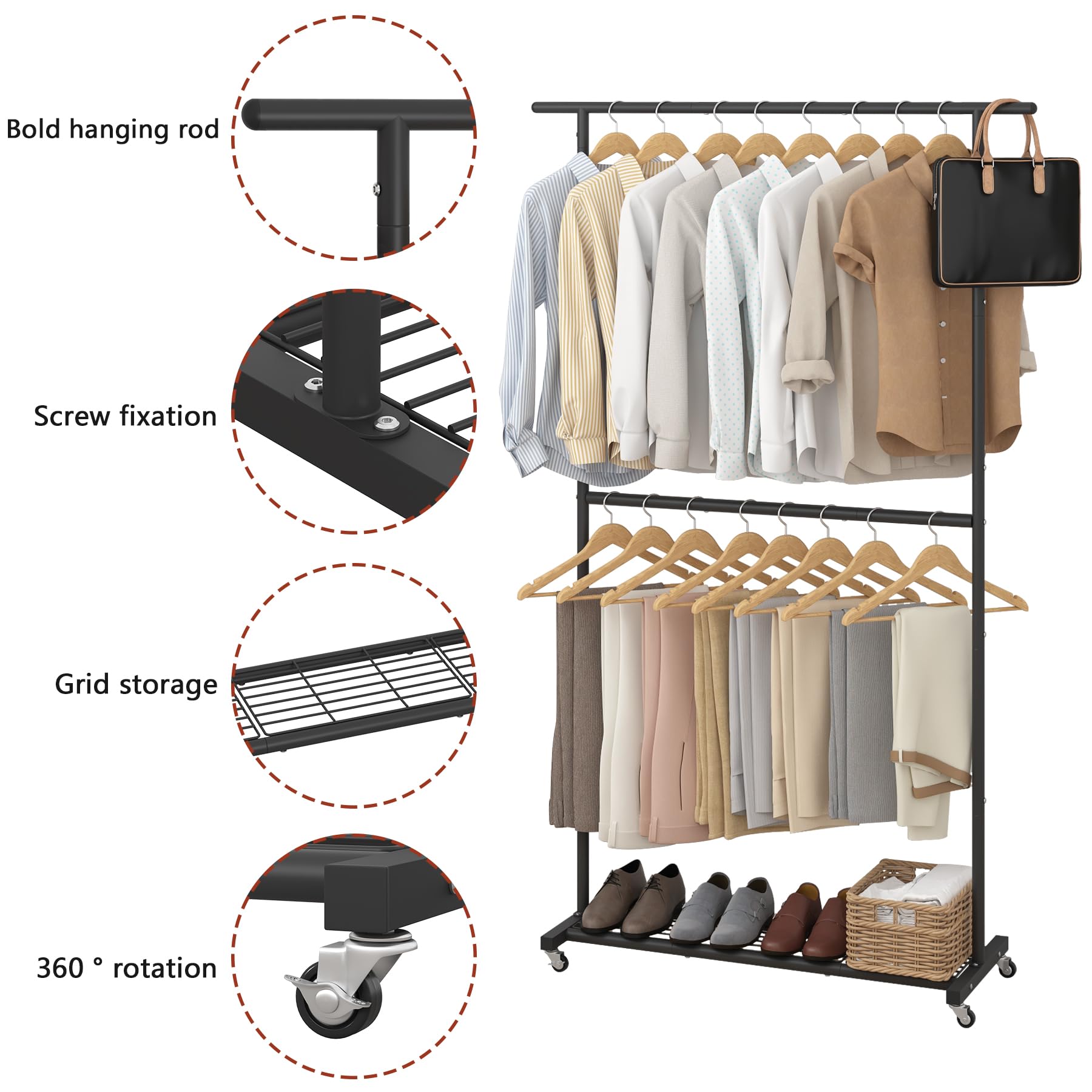 Sywhitta garment rack showing 360-degree wheels for smooth movement.