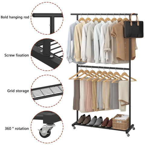 Sywhitta garment rack showing 360-degree wheels for smooth movement.