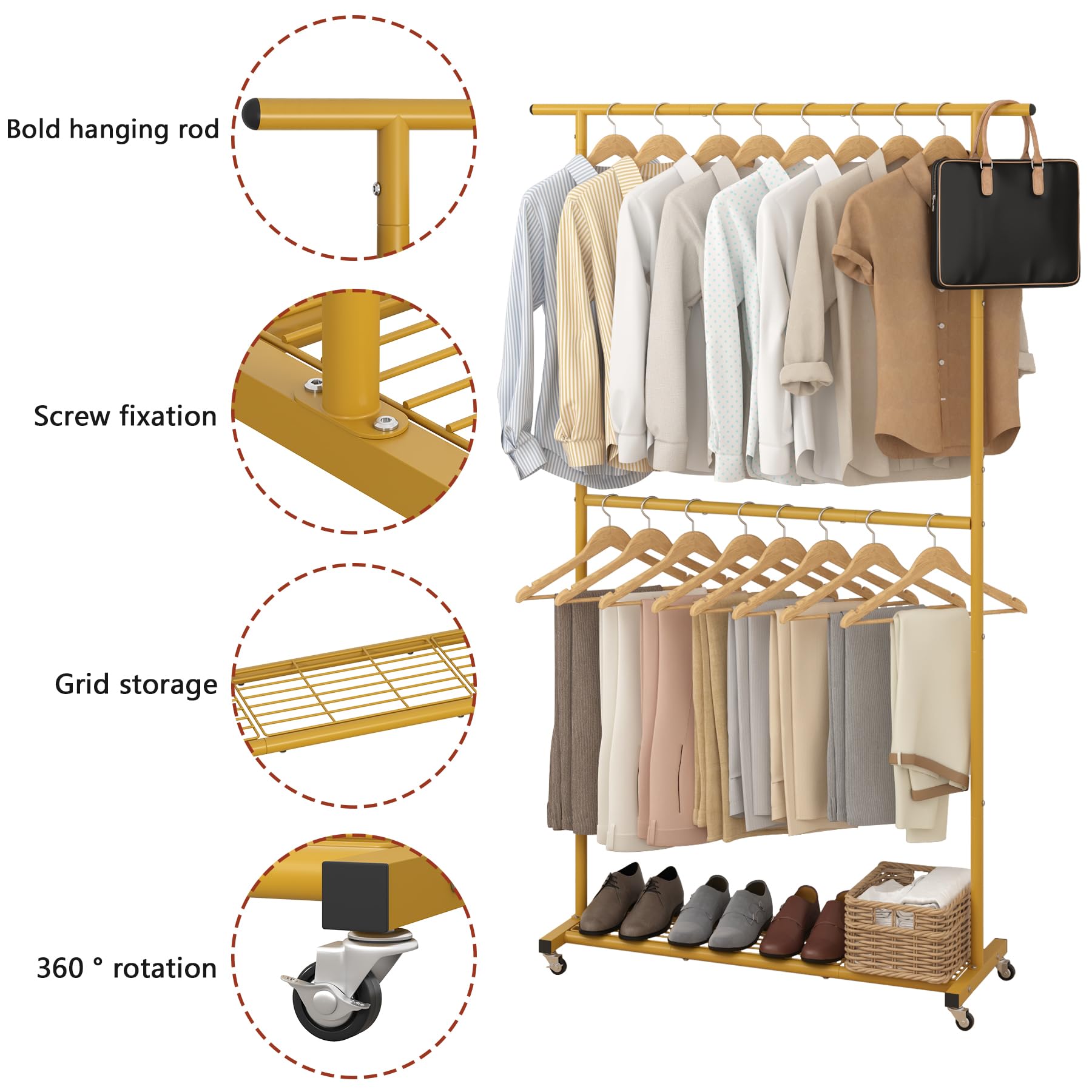 Sywhitta rolling coat hanger in gold finish adds durable storage for outfits.