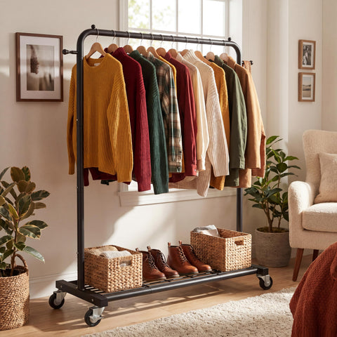 Sywhitta rolling garment rack with hanging rod keeps hangers secure and garments accessible