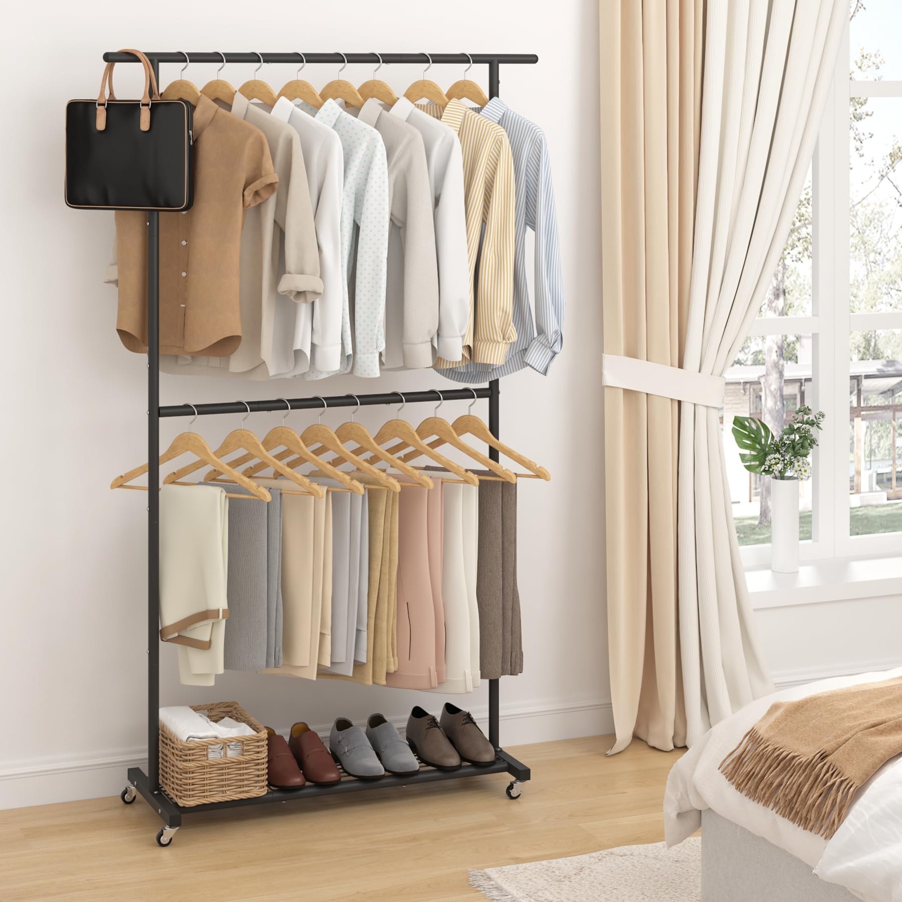 Top drying area on the Sywhitta rack for coats and dresses.