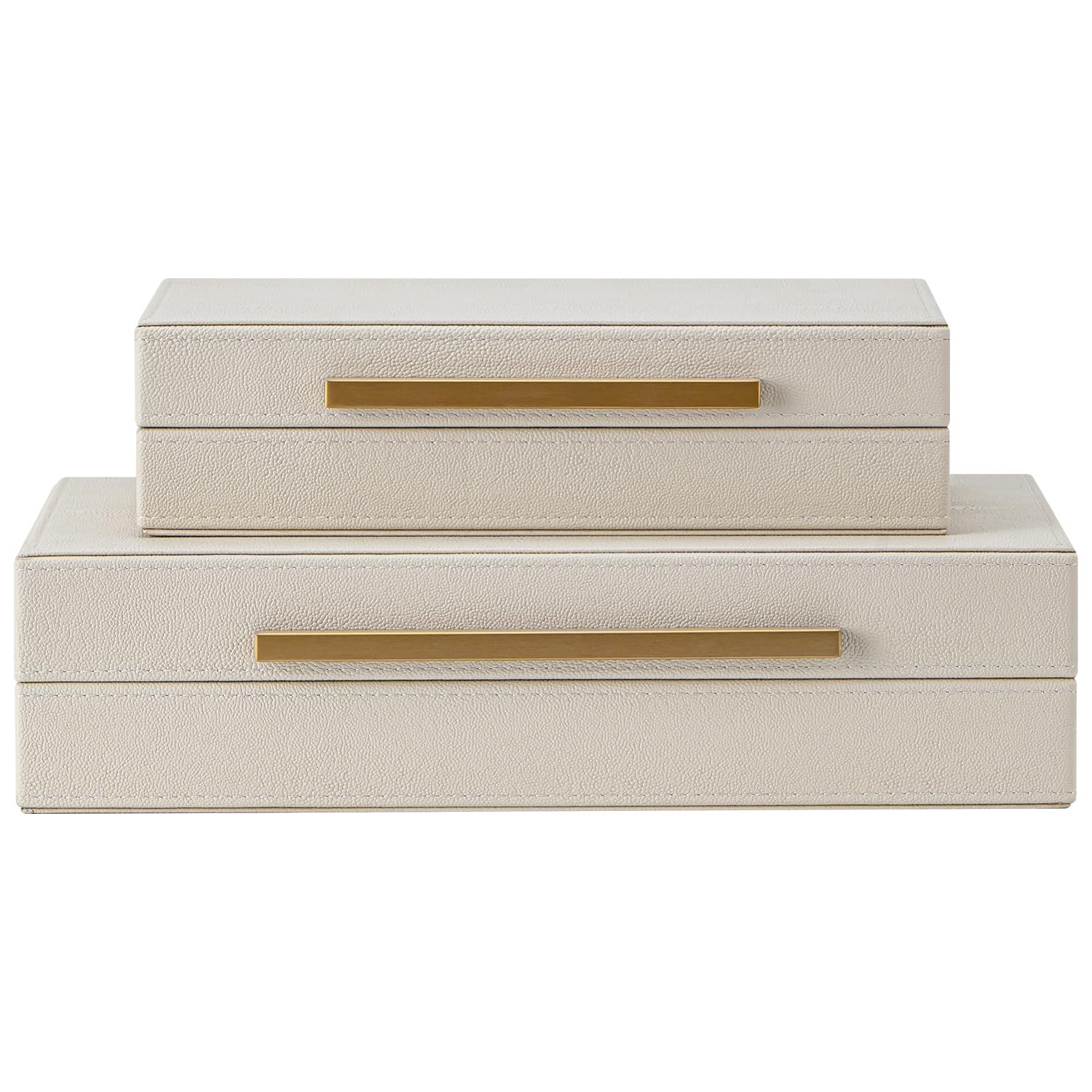 SYYSY beige shagreen box with gold handle; ideal jewelry organizer on a dresser.