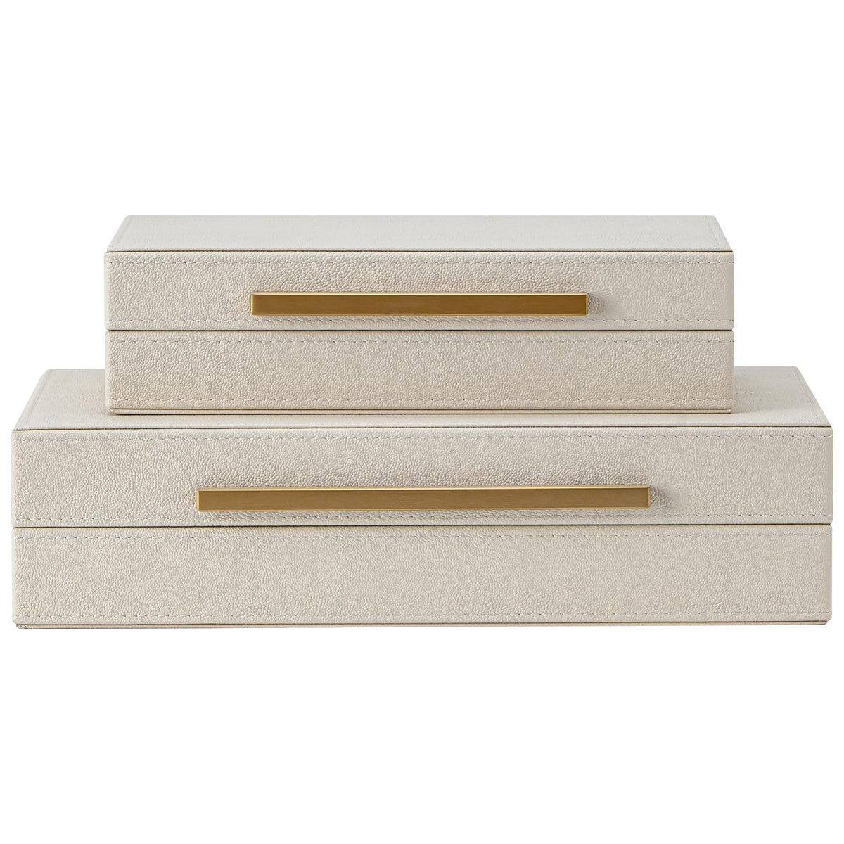 SYYSY beige shagreen box with gold handle; ideal jewelry organizer on a dresser.