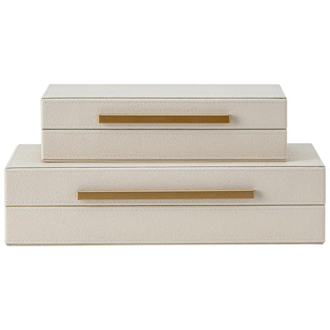 SYYSY beige shagreen box with gold handle; ideal jewelry organizer on a dresser.