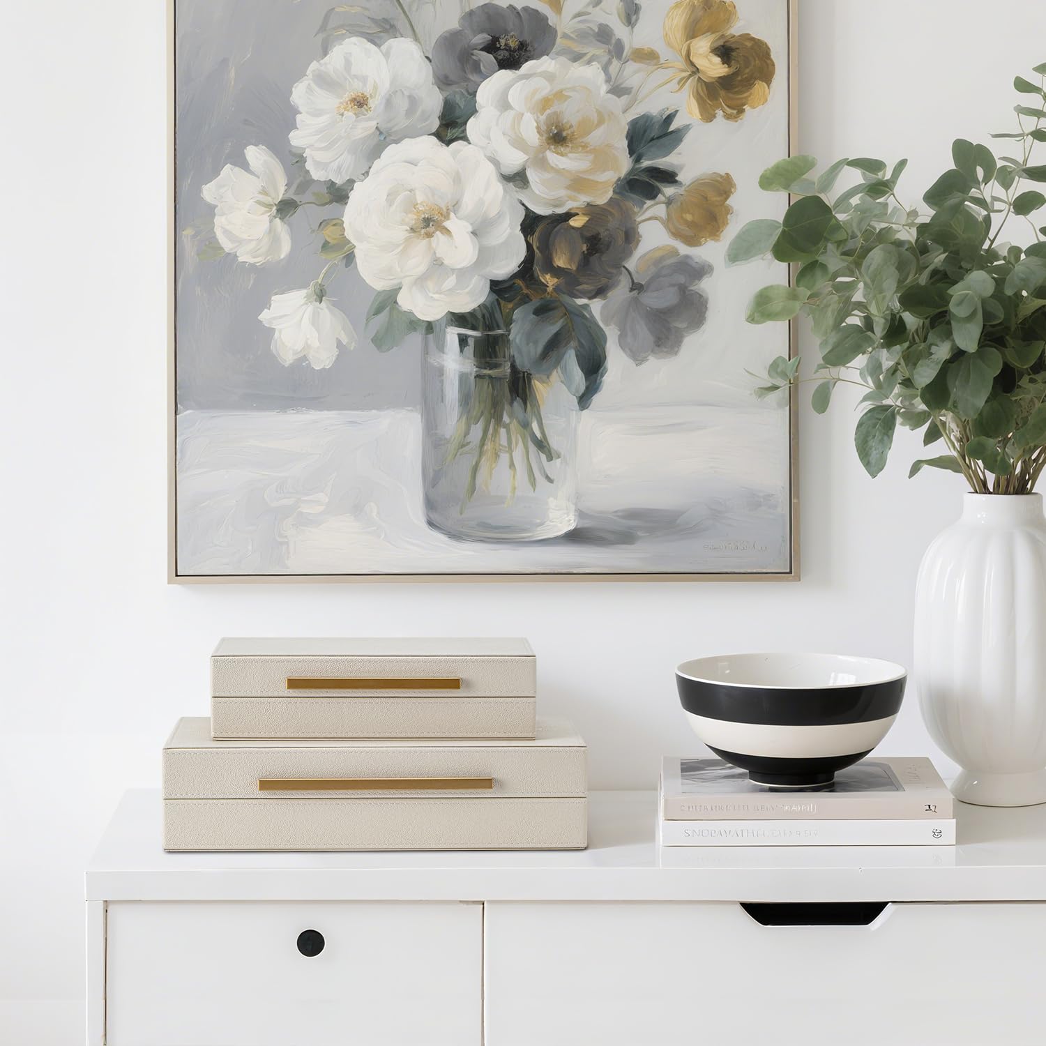 SYYSY ivory shagreen nesting boxes; texture-rich decor for shelves.