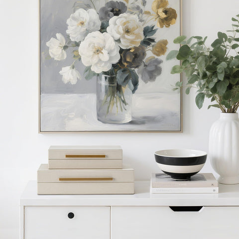SYYSY ivory shagreen nesting boxes; texture-rich decor for shelves.