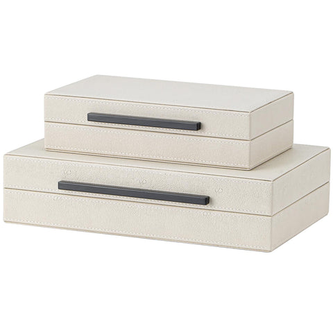 SYYSY beige shagreen storage boxes in front view, elegant organization for jewelry and keepsakes.