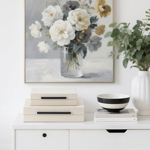 SYYSY beige shagreen storage boxes nested on shelf, space-saving display for decor and keepsakes.