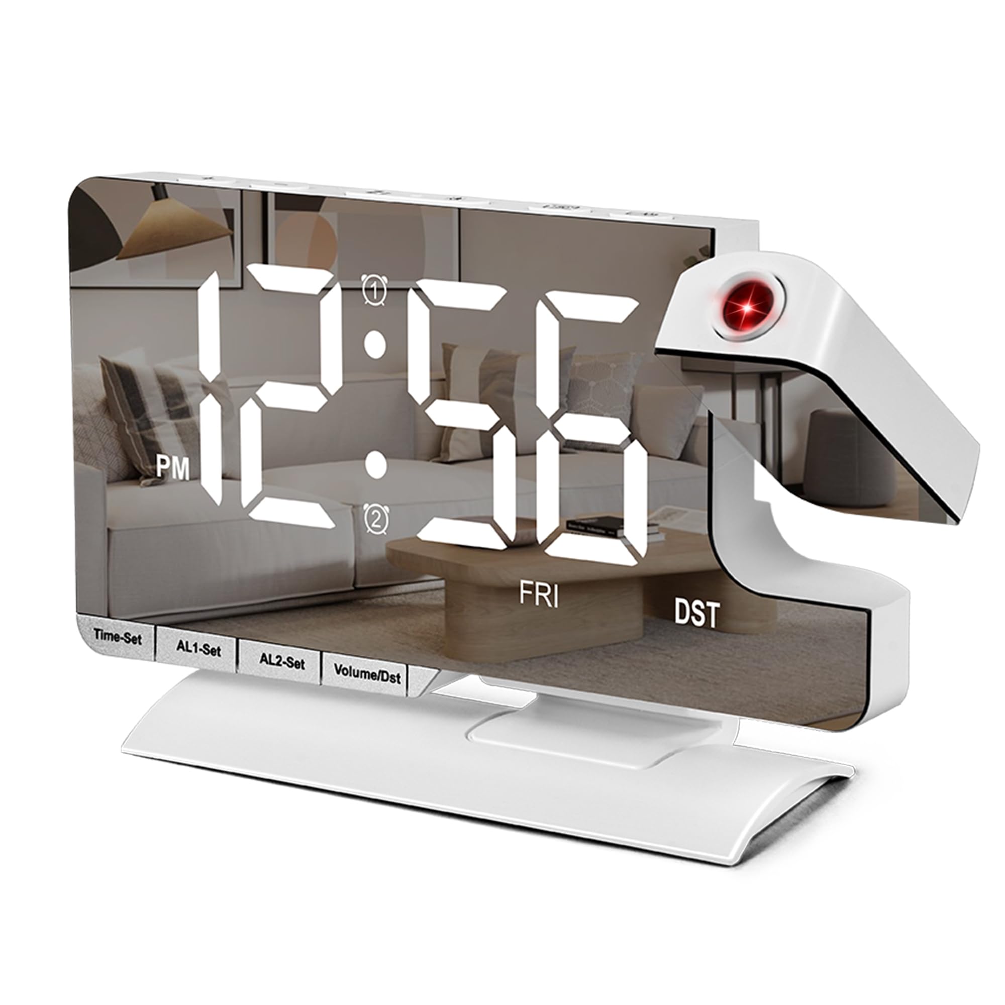 SZELAM digital clock projection with 180-degree rotation for flexible wall or ceiling viewing.