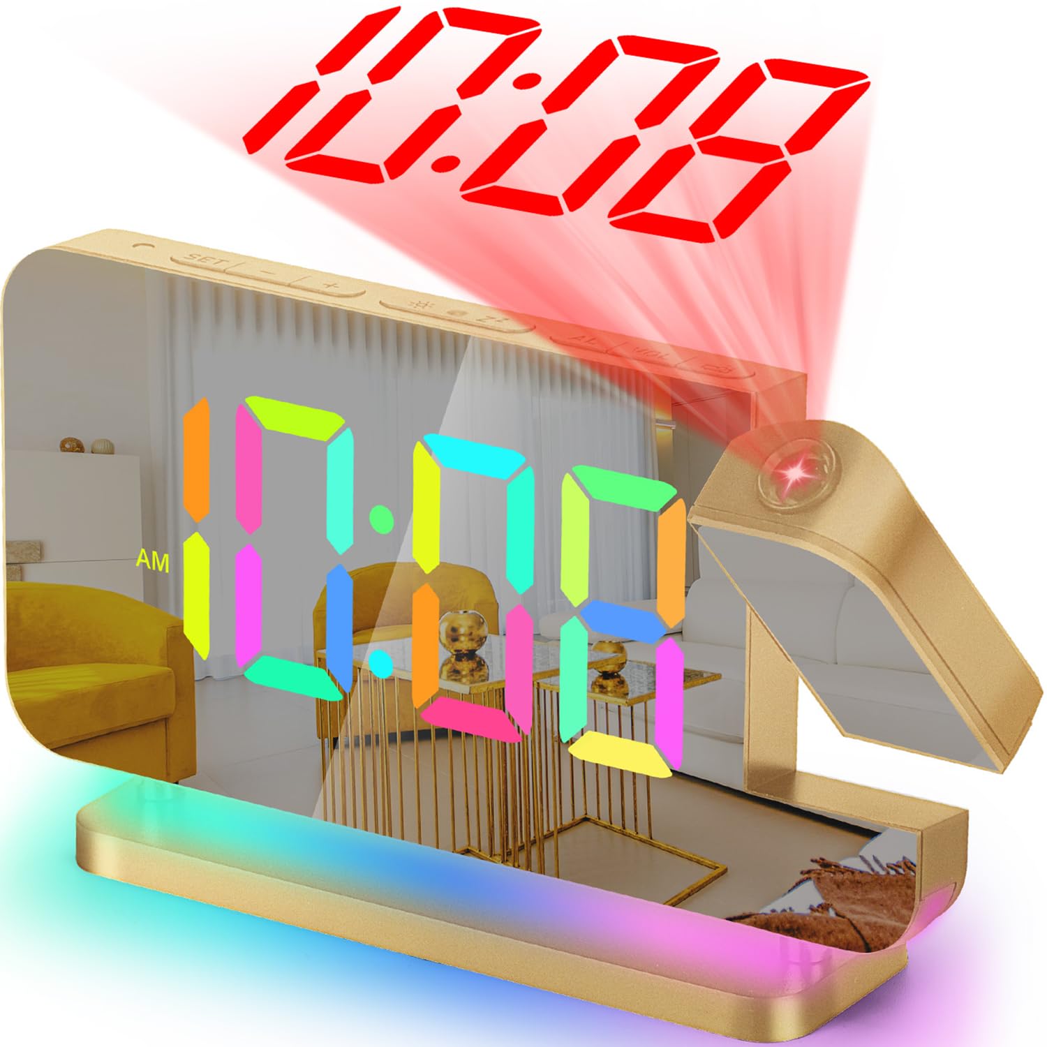 SZELAM projection alarm clock front-view clearly displays time on the wall