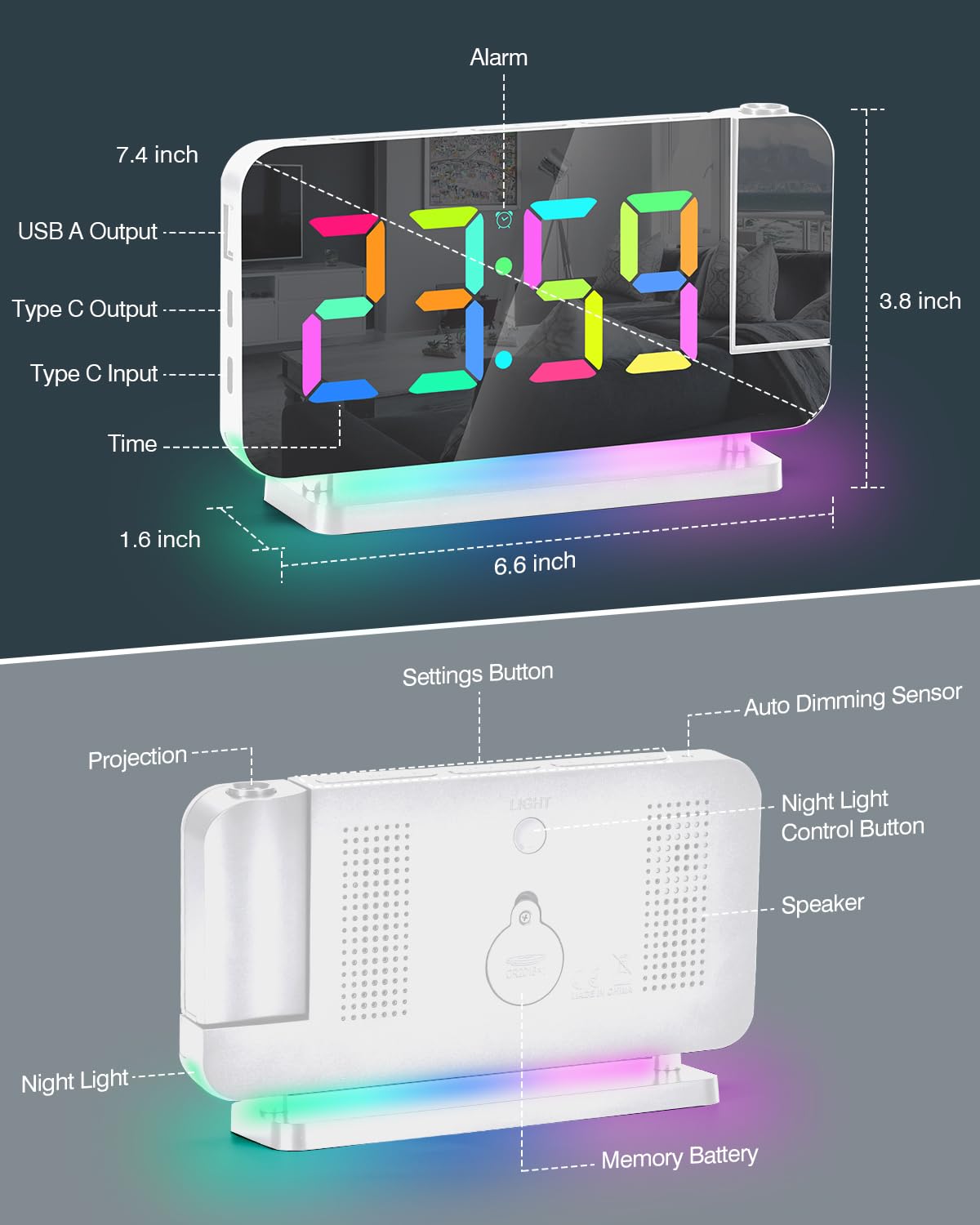 SZELAM clock packaging includes power adapter and cables