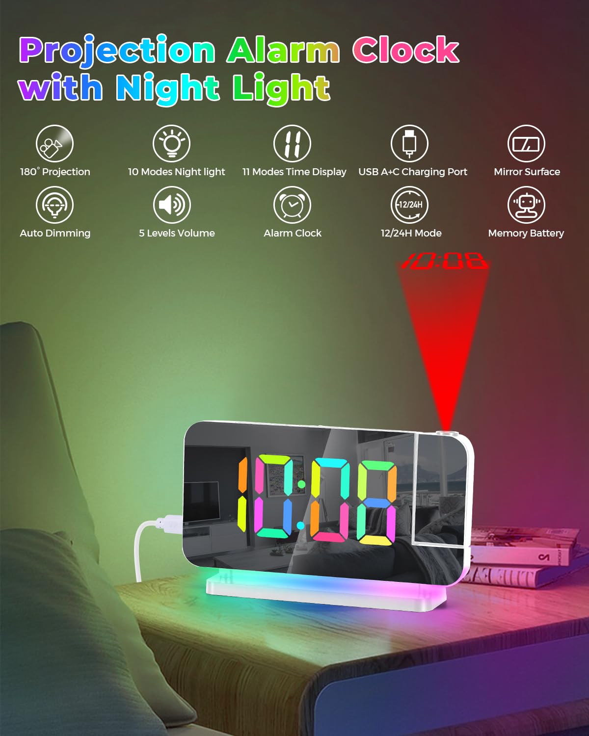 SZELAM clock projects time onto wall for quick viewing from bed