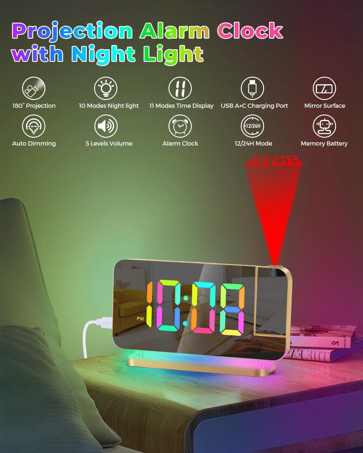 SZELAM projector-angle option allows time to project on wall or ceiling