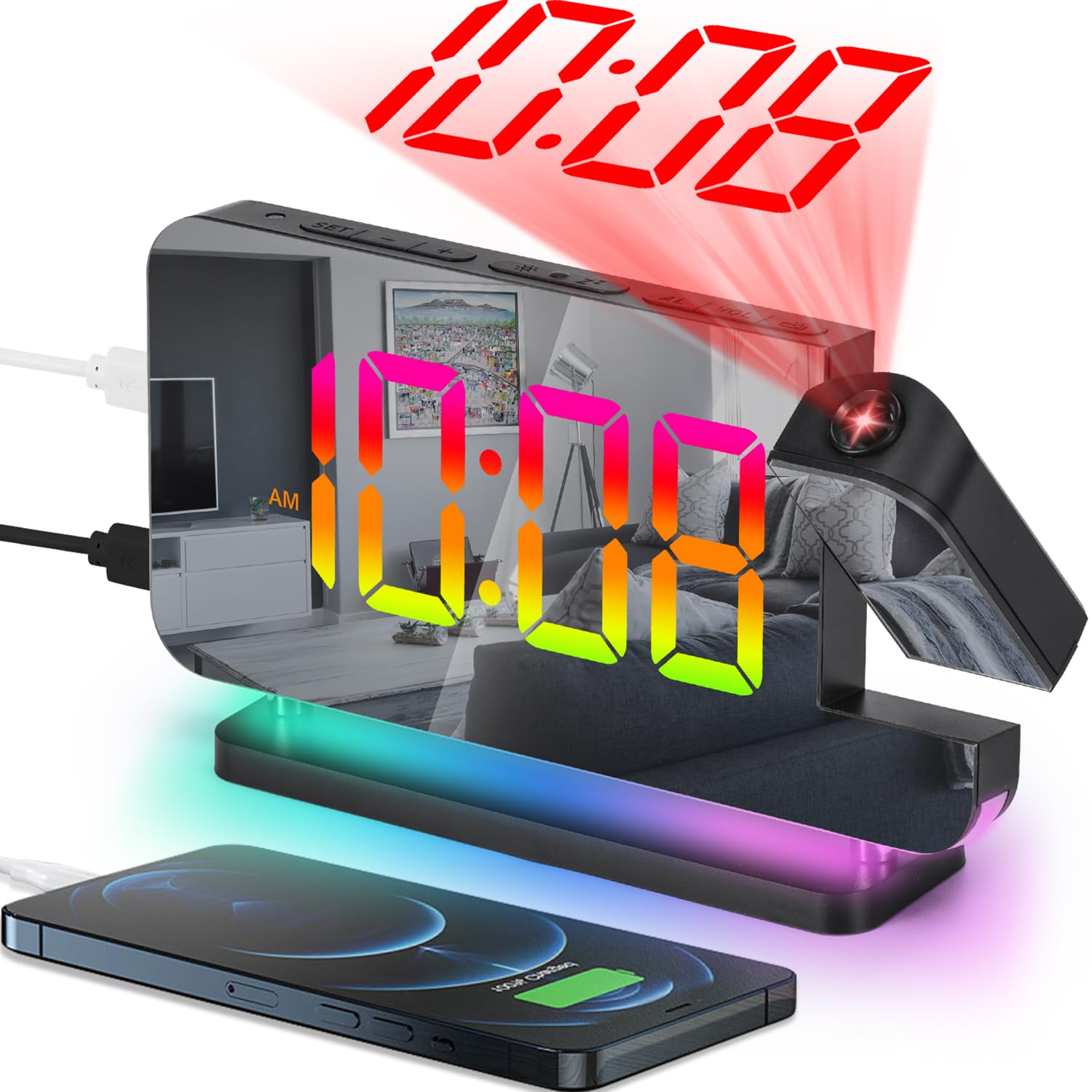 SZELAM projection clock projecting time onto wall for easy viewing.
