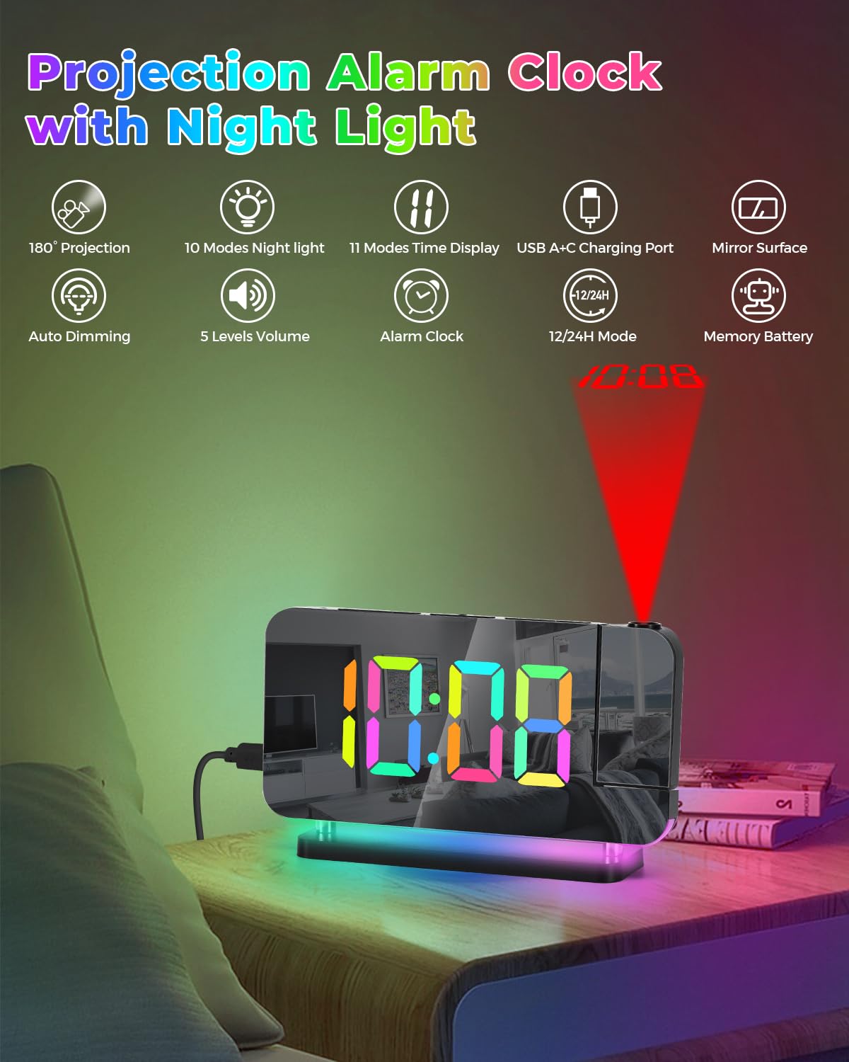SZELAM clock with rotatable projector for flexible wall or ceiling viewing.
