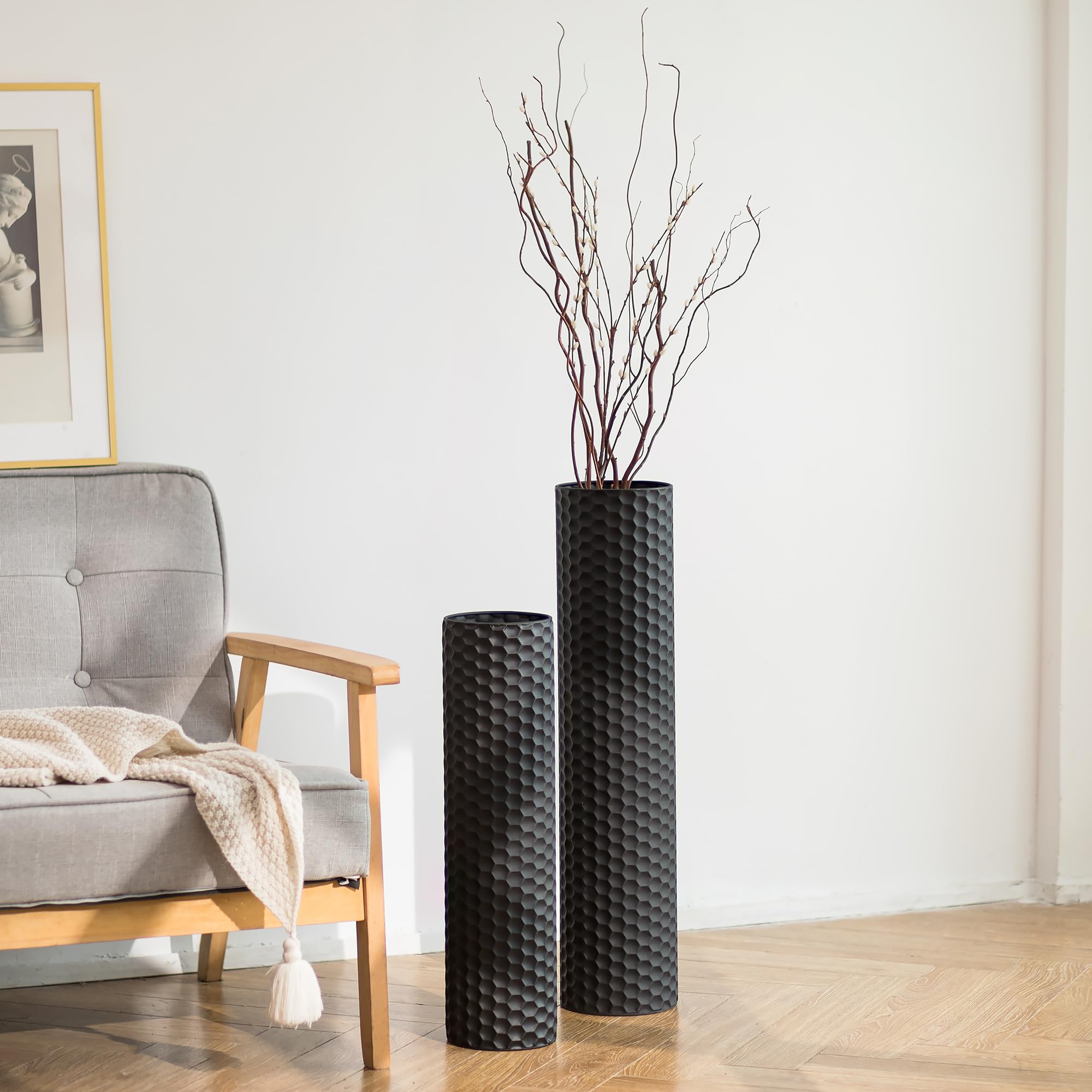 Sziqiqi black cylinder tall floor vase at 27.6in height for bold entryway decor