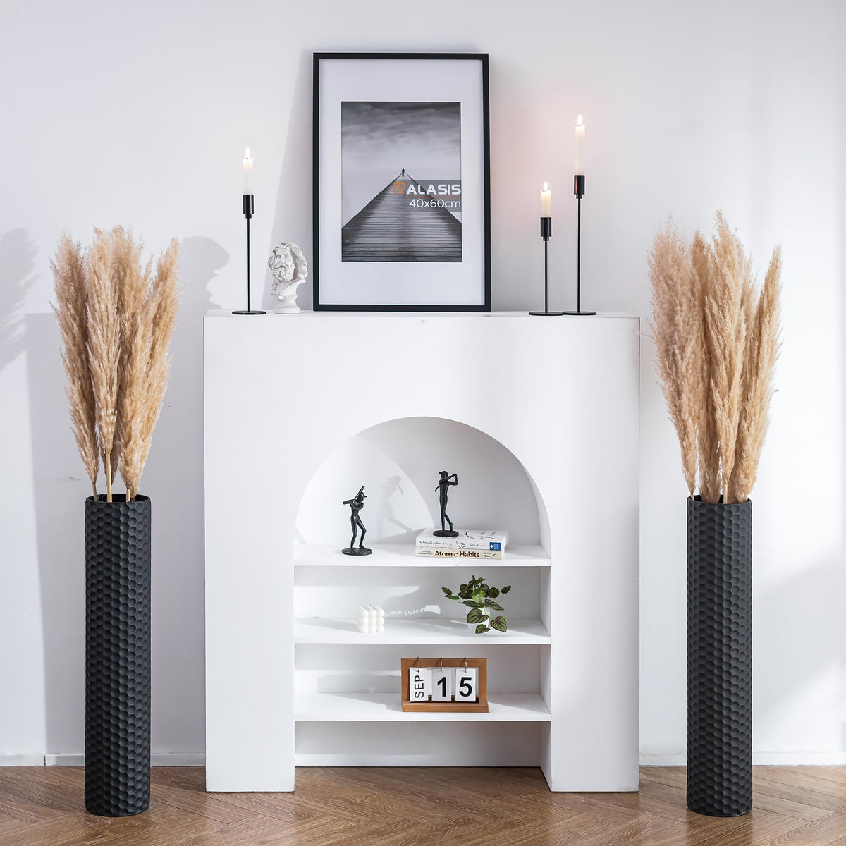 Sziqiqi black tall floor vase with honeycomb texture adds elegant corner decor.