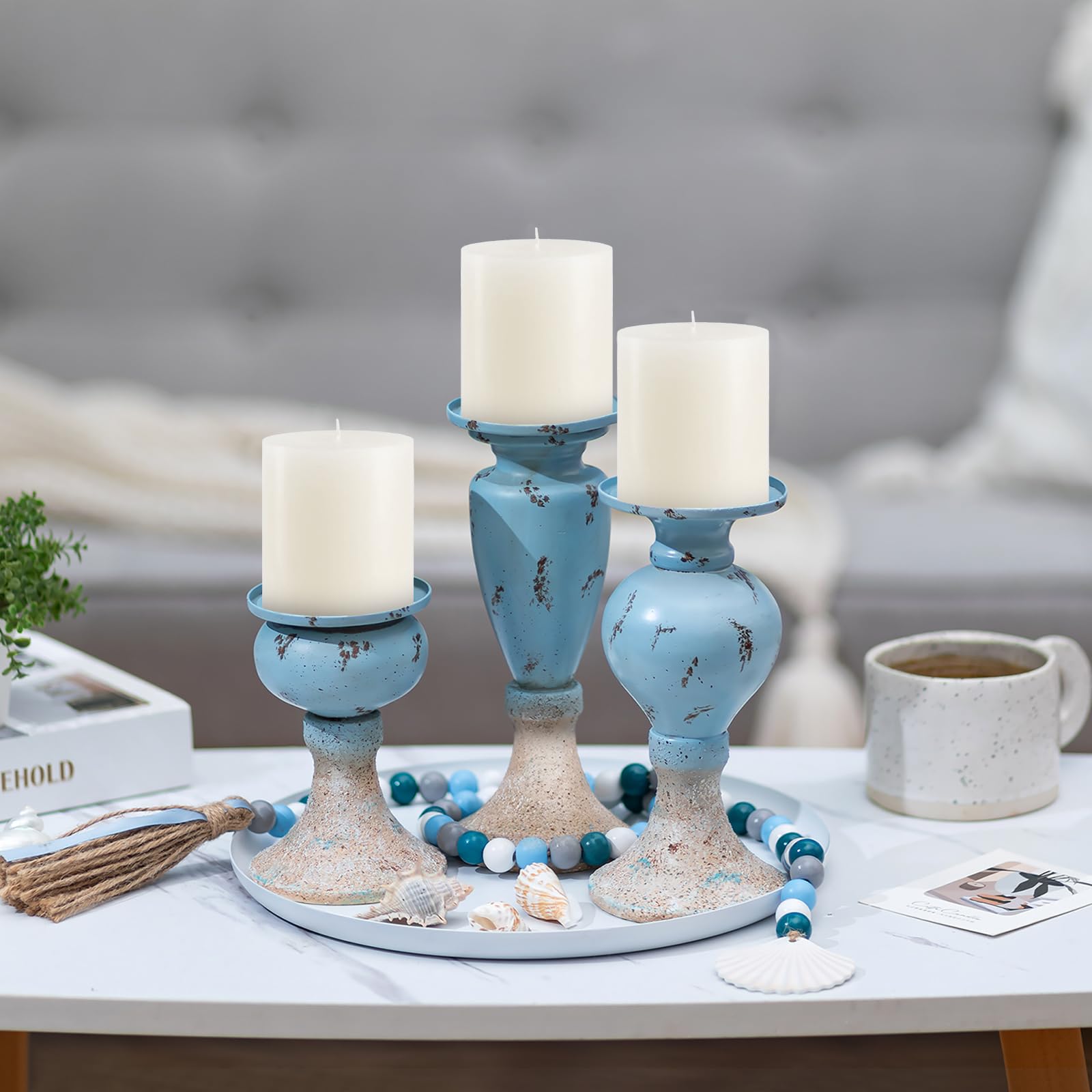 Sziqiqi coastal blue distressed finish detail highlights vintage seaside charm.
