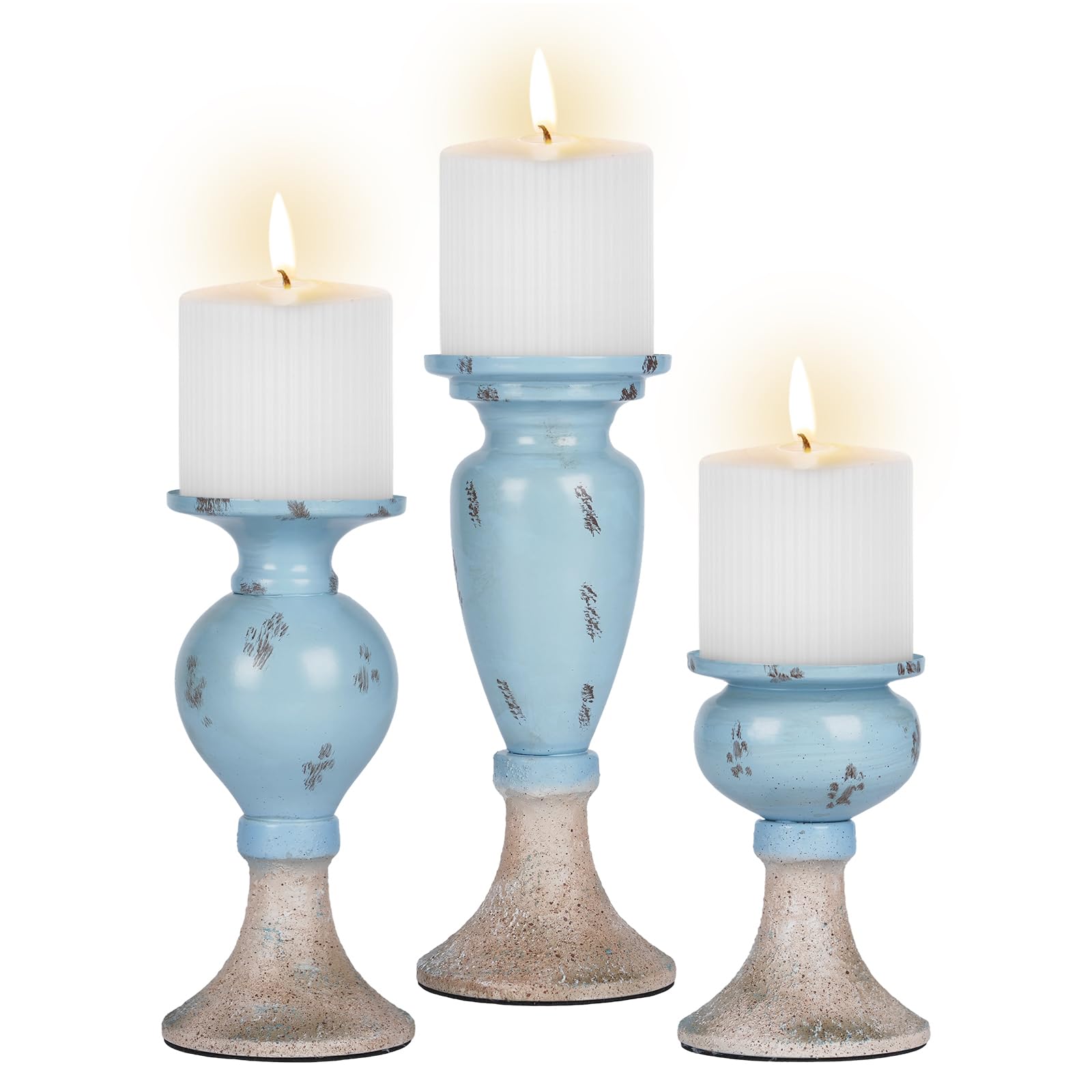 Sziqiqi Farmhouse coastal candle holder trio displayed on table for warm ambiance.