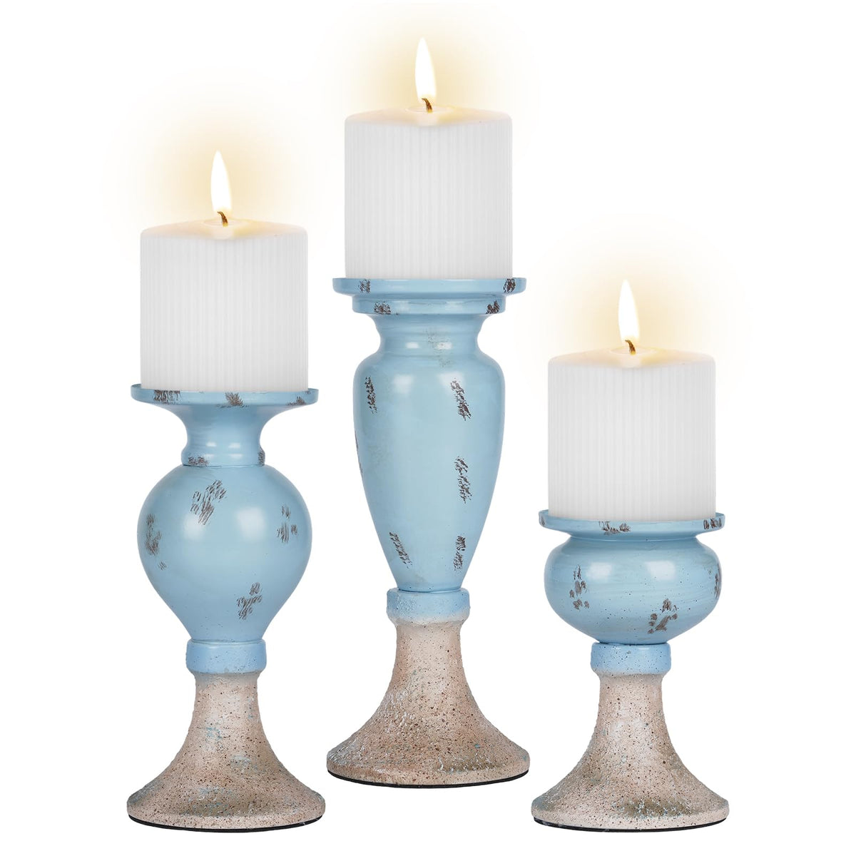 Sziqiqi Farmhouse coastal candle holder trio displayed on table for warm ambiance.