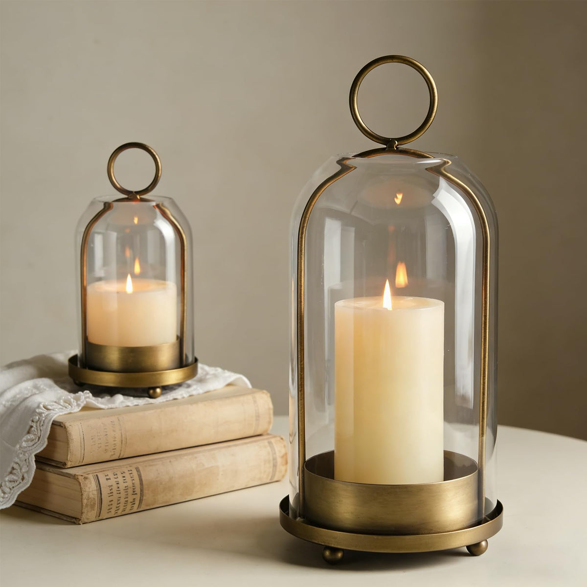 Sziqiqi hurricane lantern small in antique brass for intimate outdoor dining