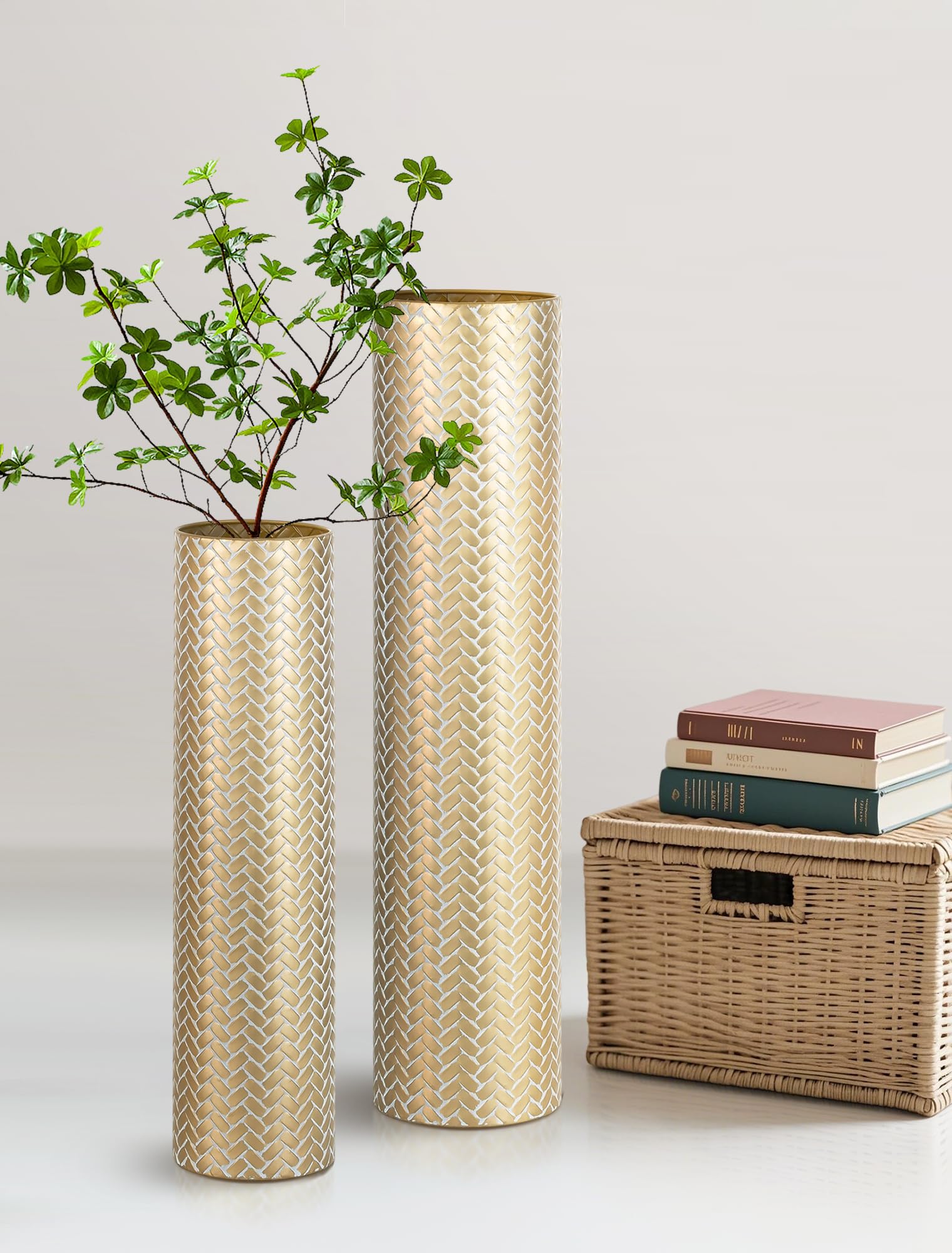 Sziqiqi gold floor vase wide mouth accommodates stems, pampas grass, or twigs.