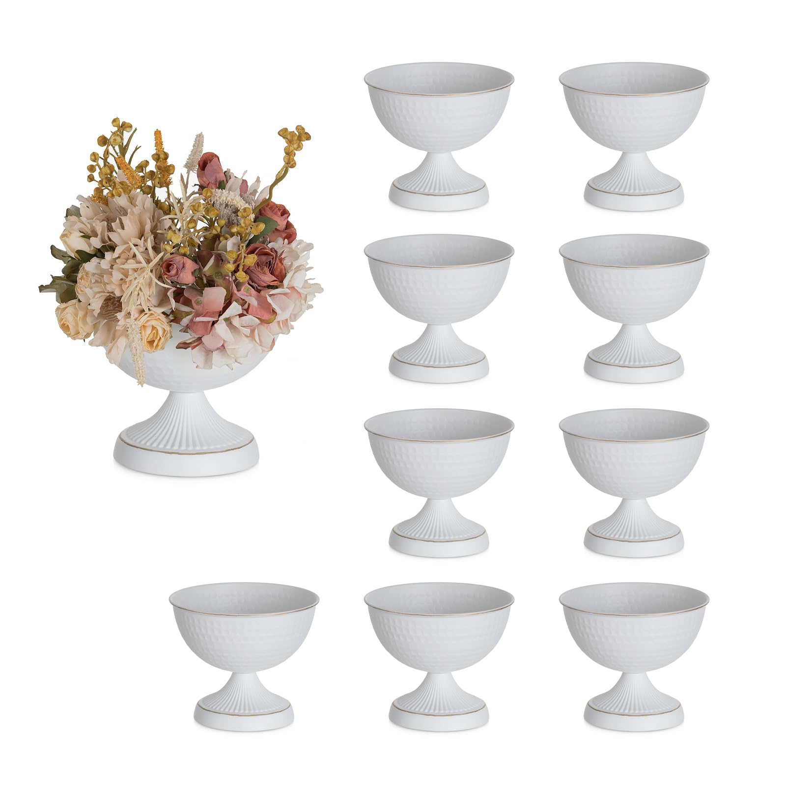 Sziqiqi urn vase with 6in white hammered body enhances wedding centrepieces.
