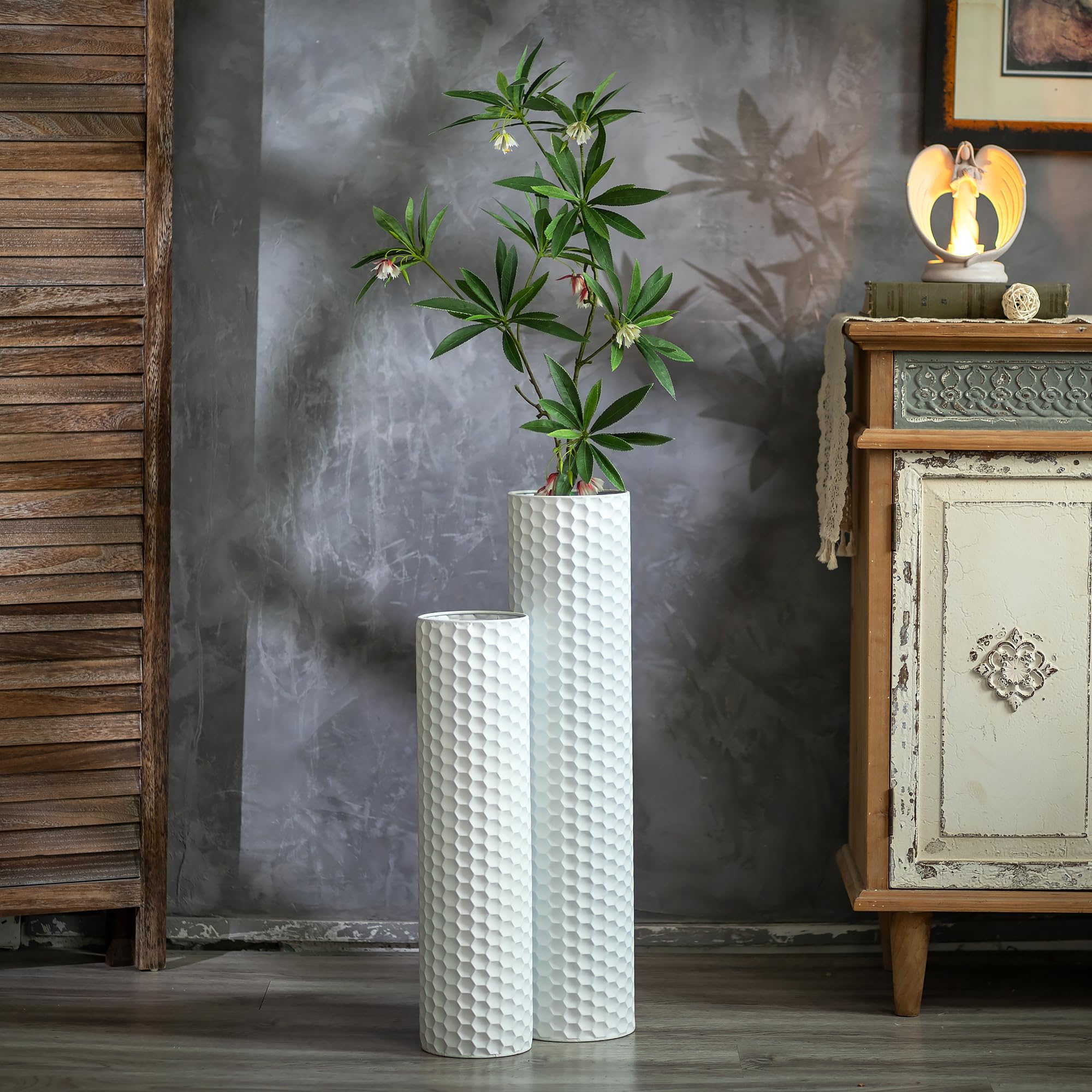 Sziqiqi white tall floor vase with honeycomb texture creates balanced height in corners.