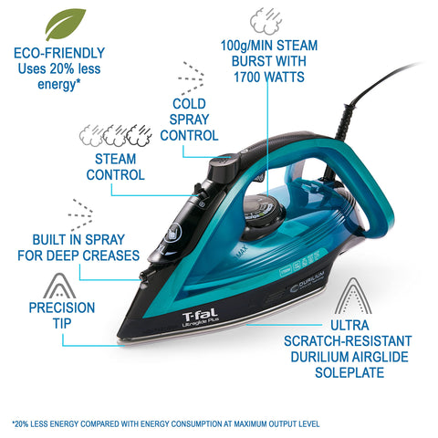 T-Fal Ultraglide precision tip helps reach seams and collars easily.