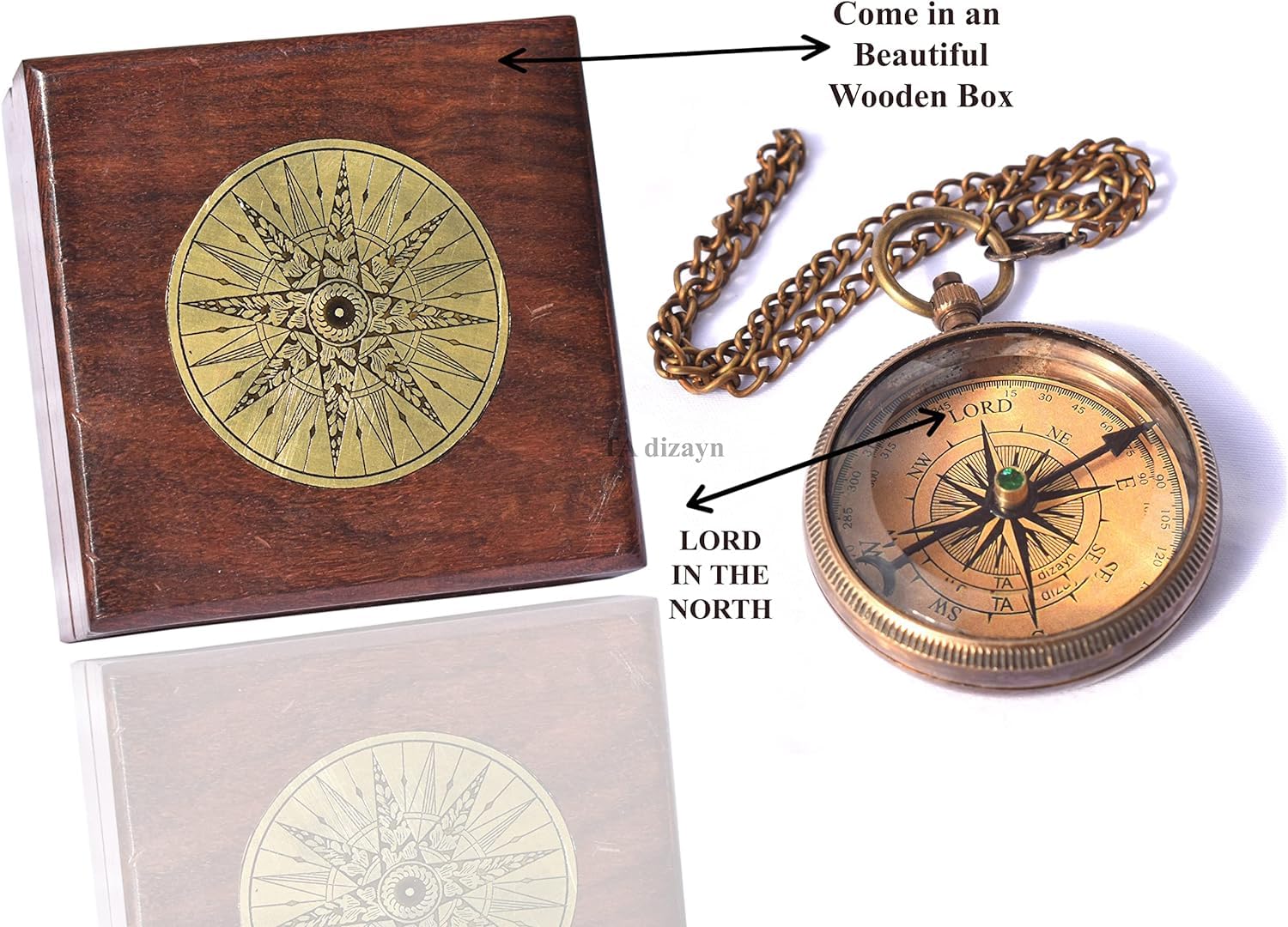 TA dizayn brass compass in wooden keepsake box with green silk lining
