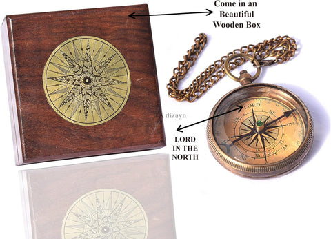 TA dizayn brass compass in wooden keepsake box with green silk lining