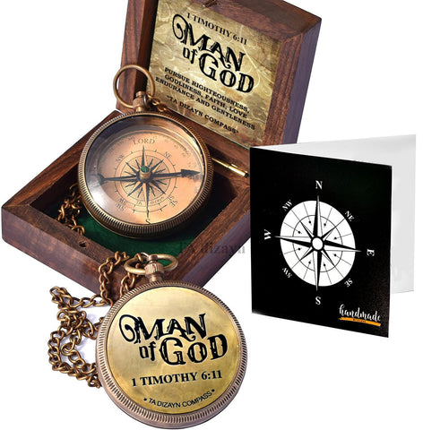 TA dizayn brass compass back view showing 1 Timothy 6:11 verse for inspiration