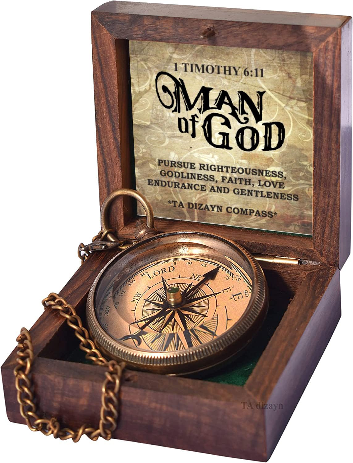TA dizayn brass compass front view with Man of God engraving, ideal gift