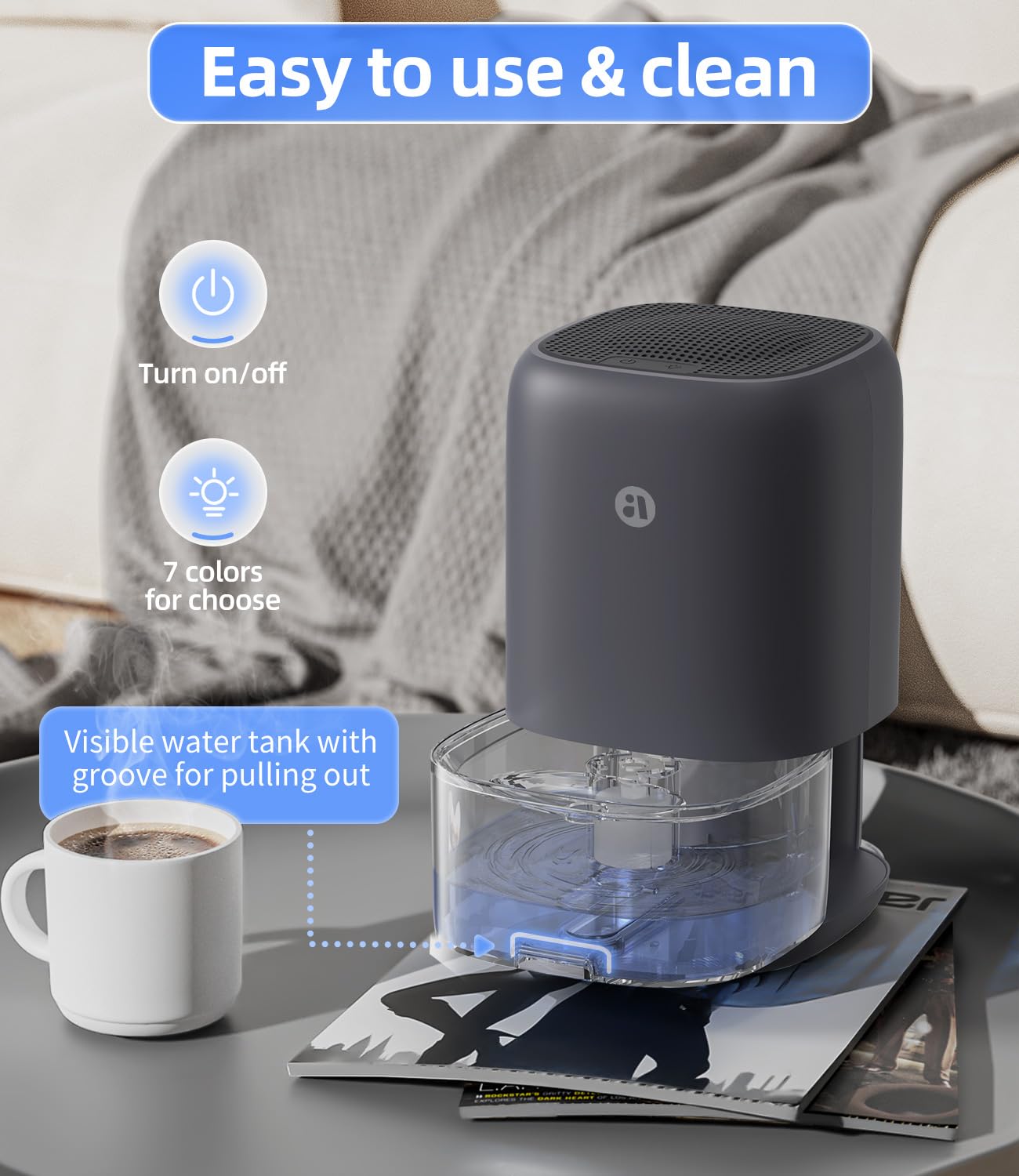 TABYIK dehumidifier compact design with built-in handle for portability.