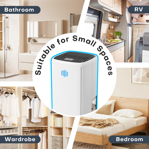 TABYIK 38OZ dehumidifier side view shows space-saving compact design for tight spaces.