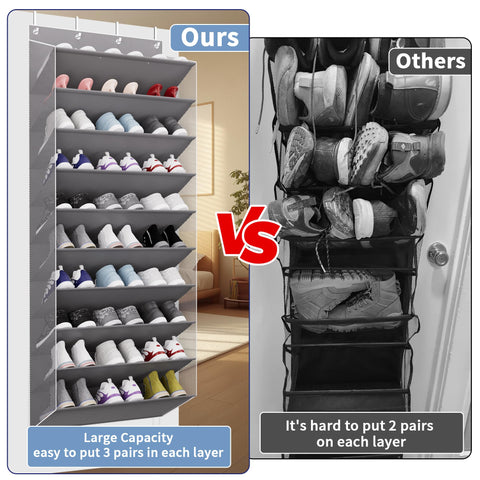 TAHAVICE 10-tier shoe rack with angled pockets prevents items from falling while you browse.