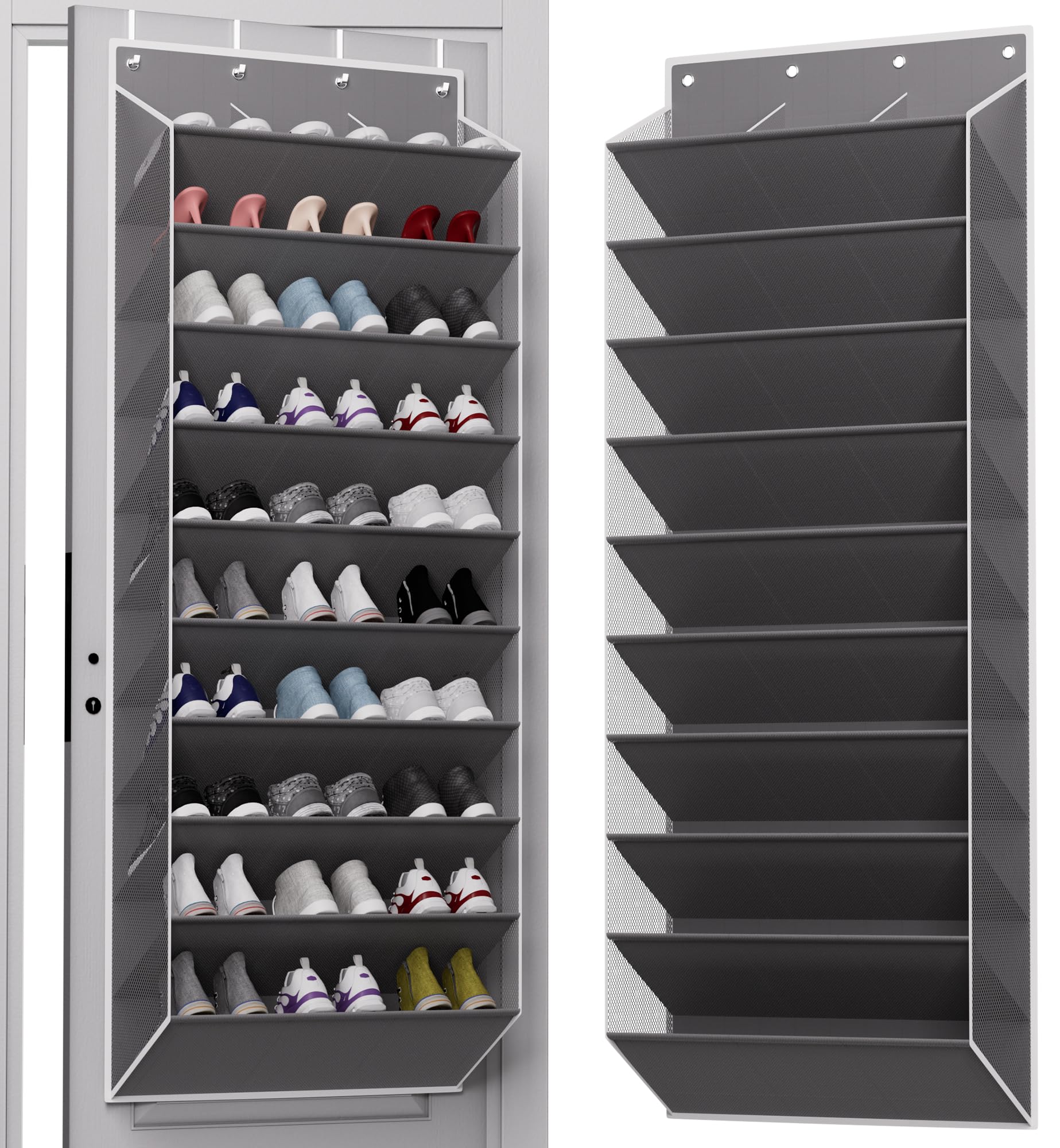 TAHAVICE 30-pairs over-the-door shoe organizer full rack keeps footwear neatly organized on a door.