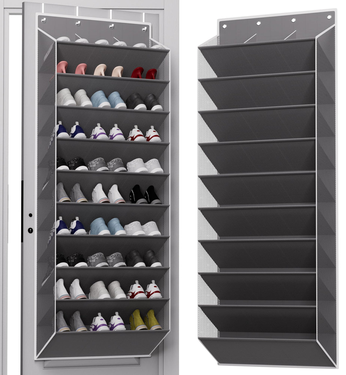 TAHAVICE 30-pairs over-the-door shoe organizer full rack keeps footwear neatly organized on a door.