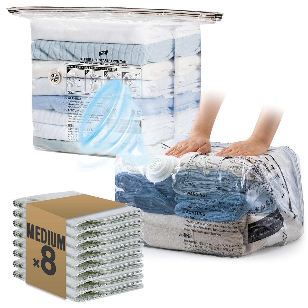 Taili 8-pack cube vacuum bags with folded clothes maximize suitcase space