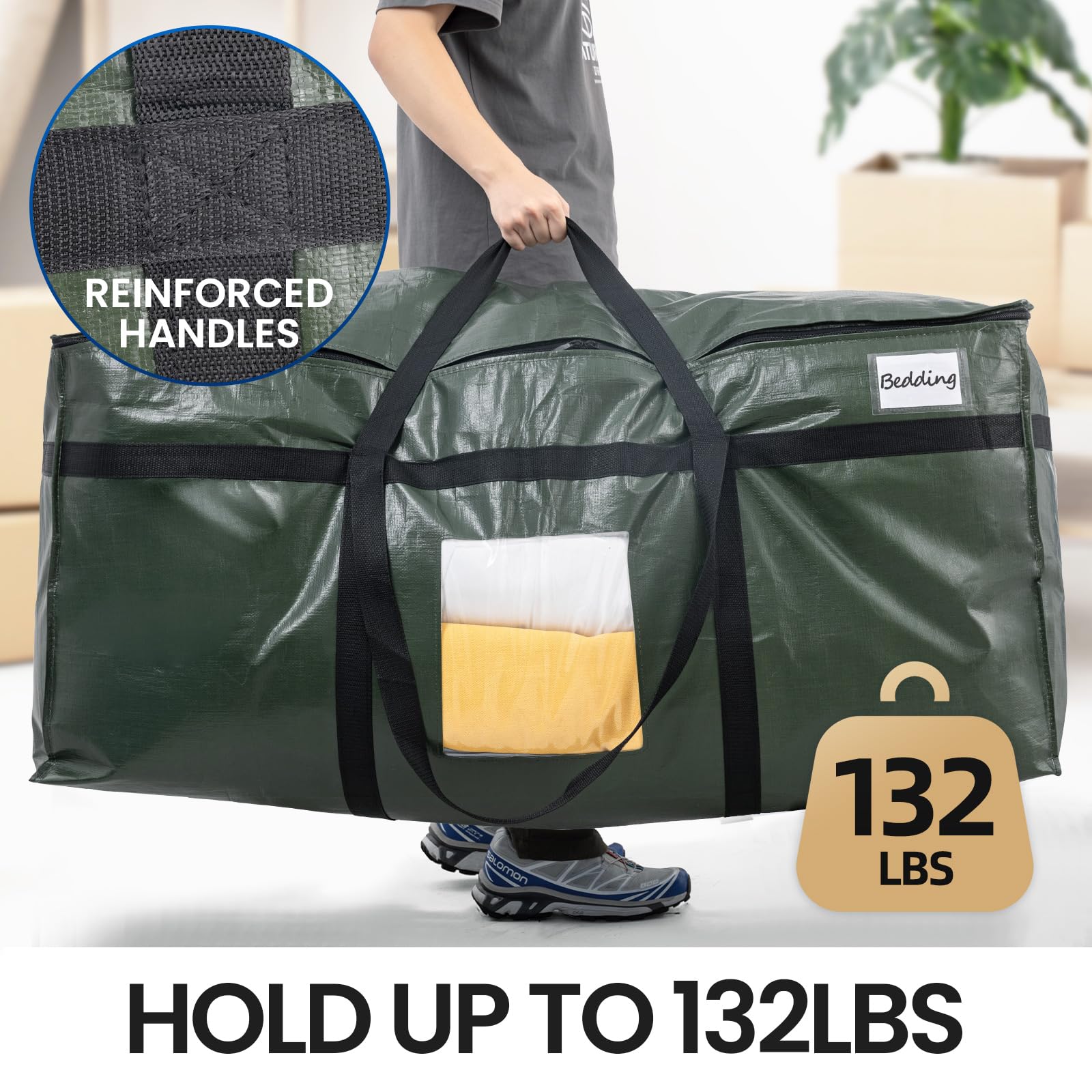 TAILI green heavy-duty storage bag with window for quick item visibility.
