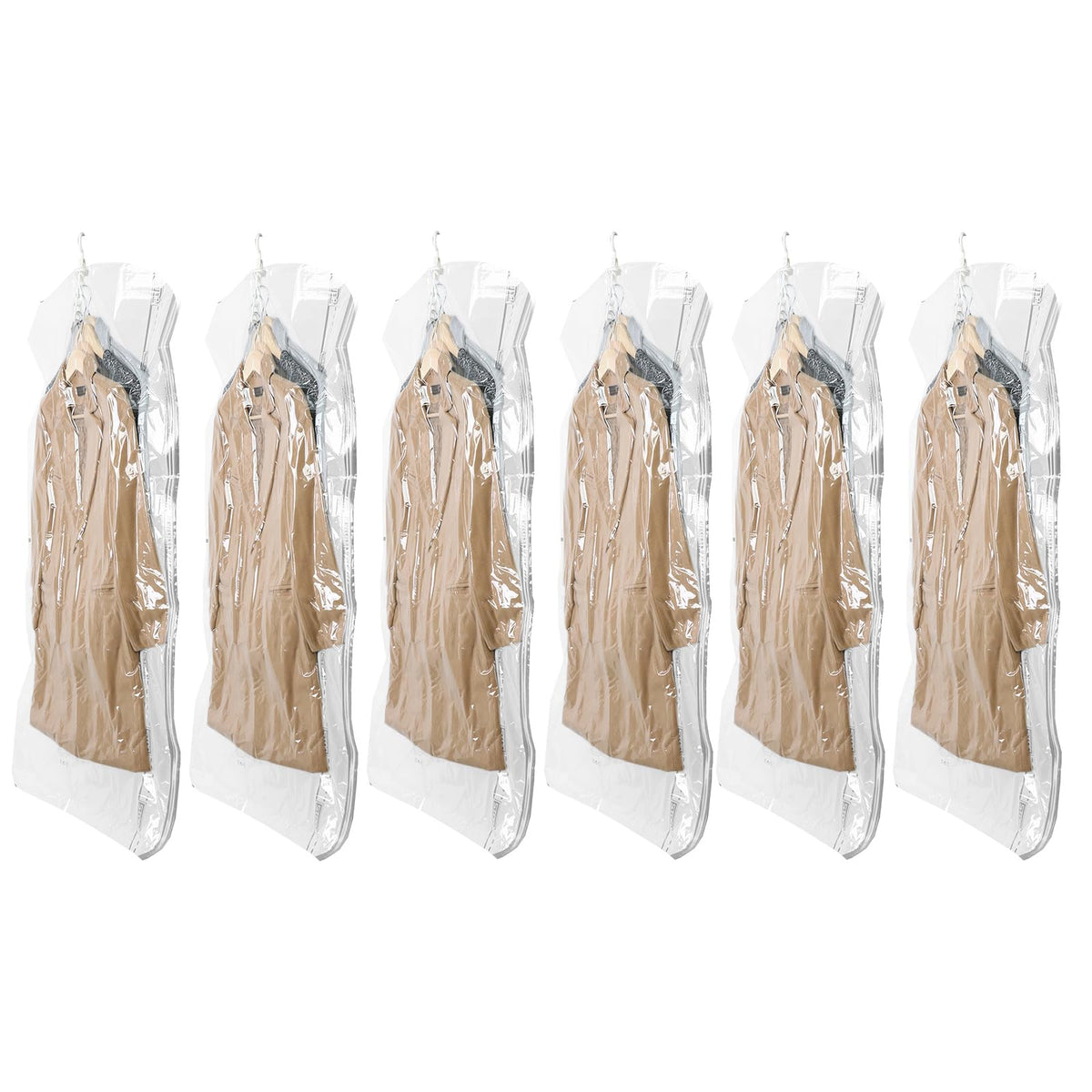 TAILI hanging vacuum bag in a closet demonstrating space-saving storage for jackets.