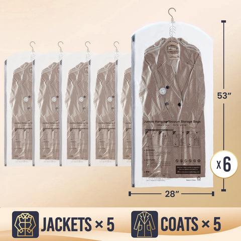TAILI vacuum bag with jackets and suits showing wrinkle-free, protected closet storage.