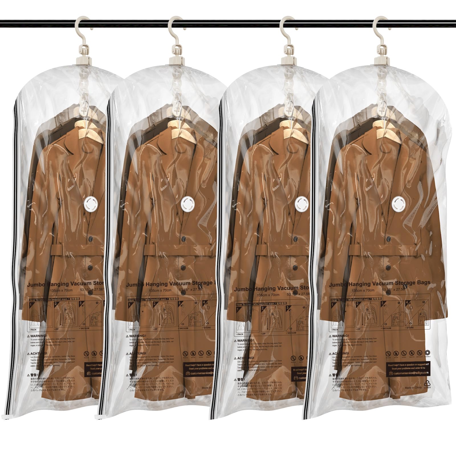 TAILI coat vacuum bag showing 53x28 inch storage saves space and protects garments
