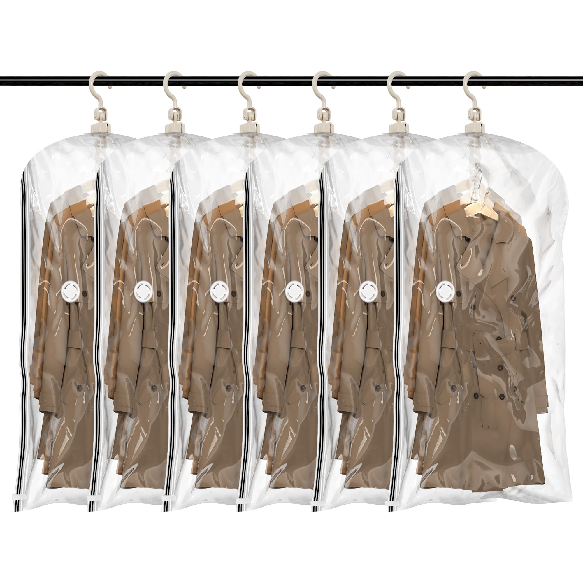TAILI hanging vacuum storage bags six-pack neatly organized in a closet, saving space.