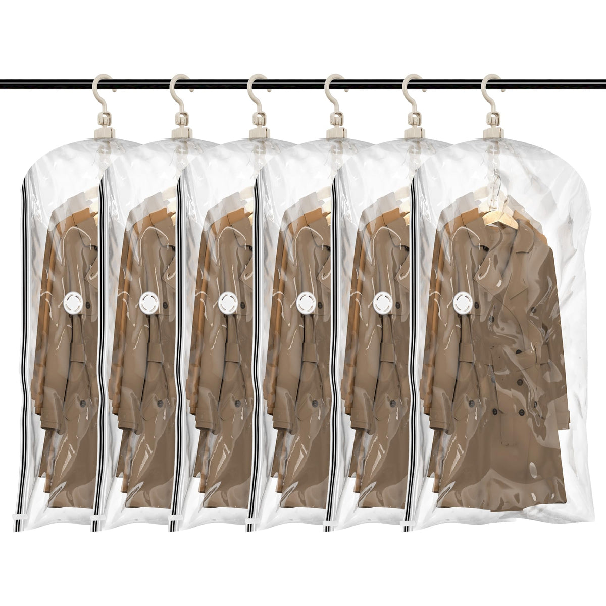 TAILI hanging vacuum storage bags six-pack neatly organized in a closet, saving space.