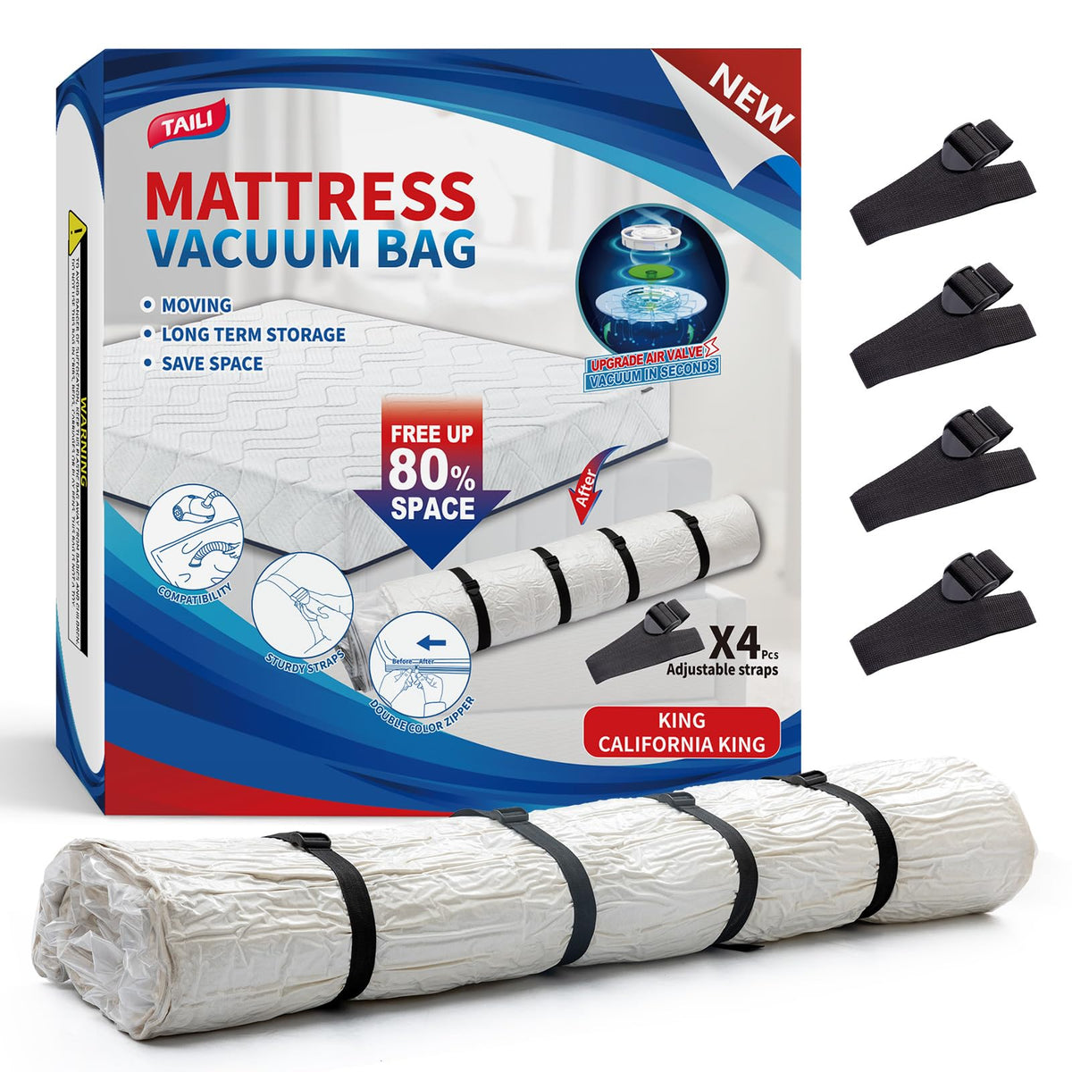 TAILI mattress vacuum bag king-size in use for easy moving and storage.