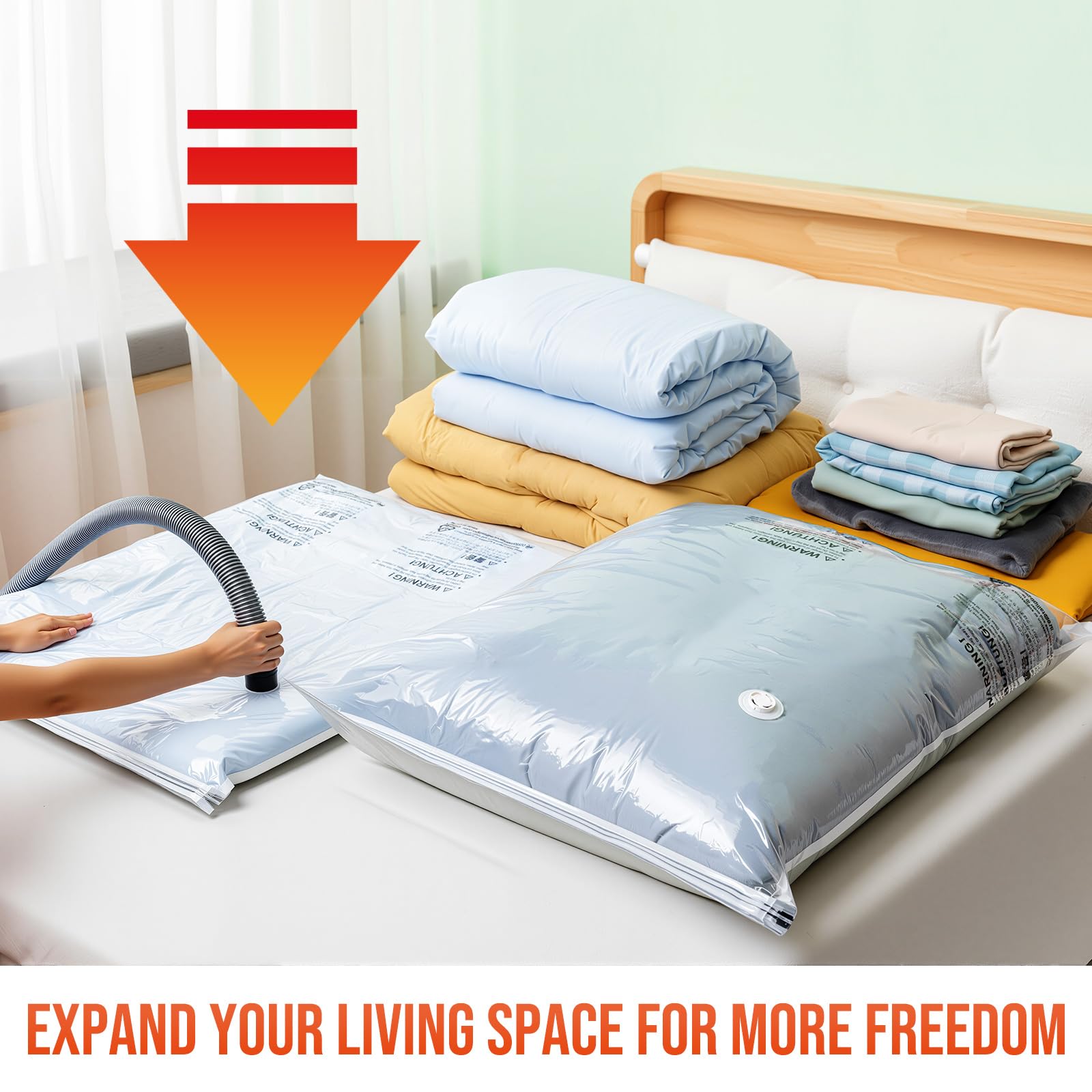 TAILI pillows and blankets compressed in a bag for compact storage.