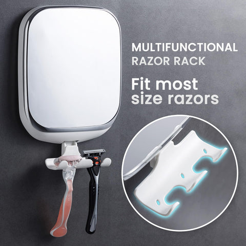 TAILI razor holder on fogless mirror facilitates easy shaving.