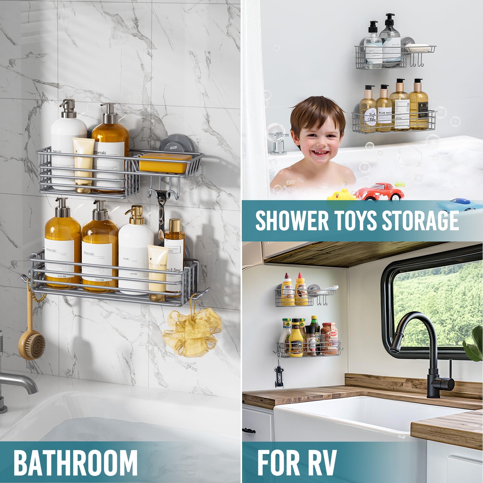 Razor hooks on the TAILI shower caddy keep grooming tools within reach